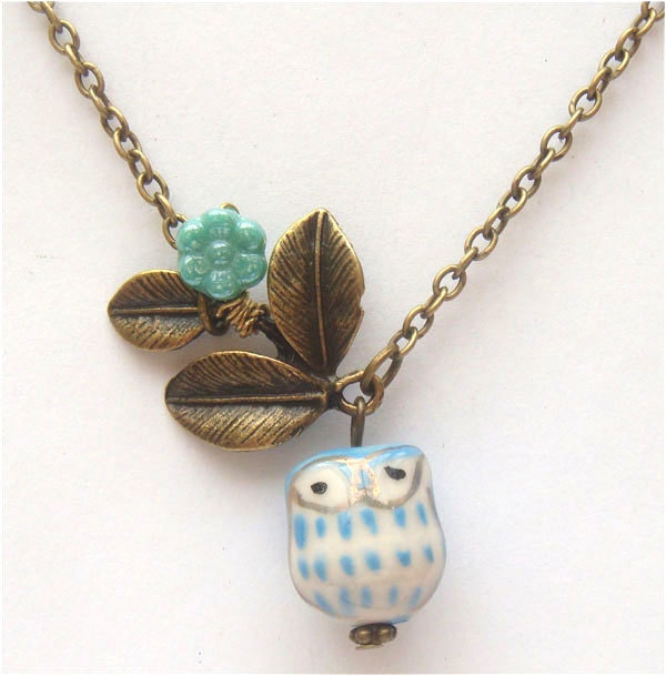 Antiqued Brass Leaf  Czech Glass Porcelain Owl Necklace