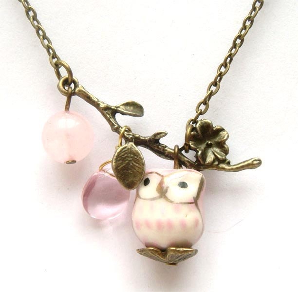 Antiqued Brass Leaf  Quartz Pink Jade Porcelain Owl Necklace