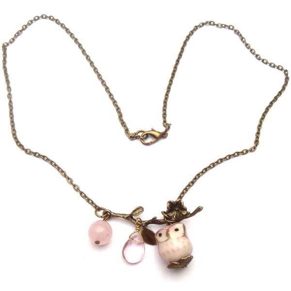 Antiqued Brass Leaf  Quartz Pink Jade Porcelain Owl Necklace