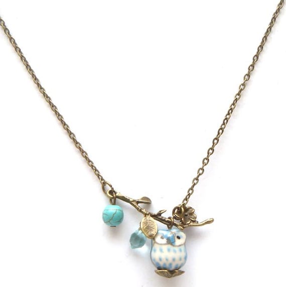 Antiqued Brass Leaf  Turquoise Quartz  Porcelain Owl Necklace