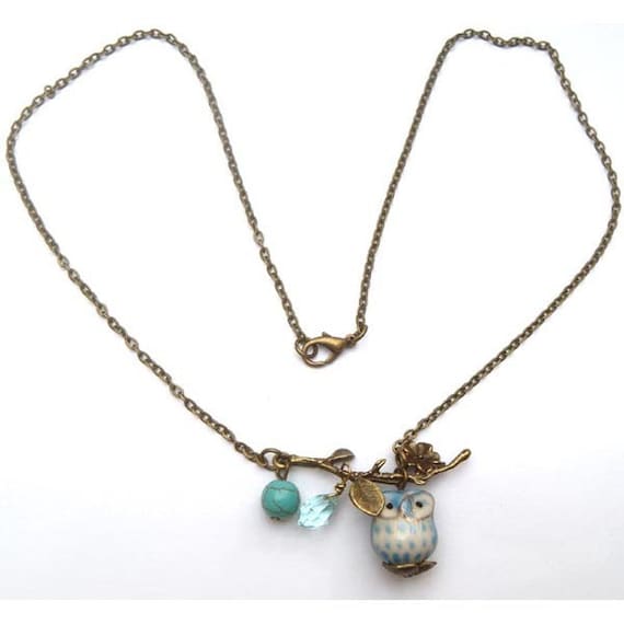 Antiqued Brass Leaf  Turquoise Quartz  Porcelain Owl Necklace
