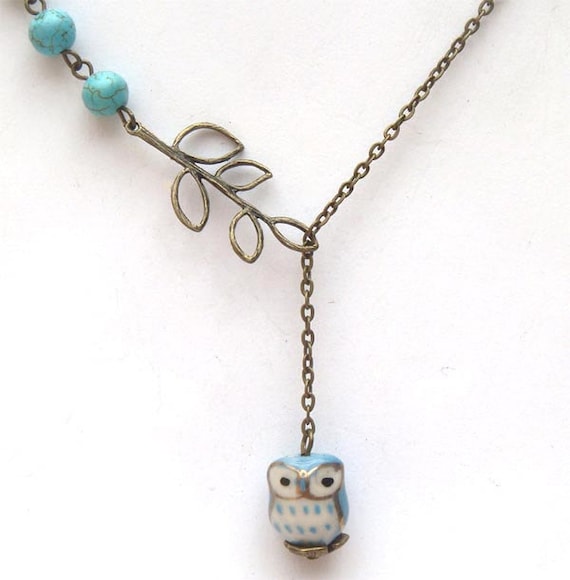 Fancy Antiqued Brass Leaf Turquoise Porcelain Owl Necklace