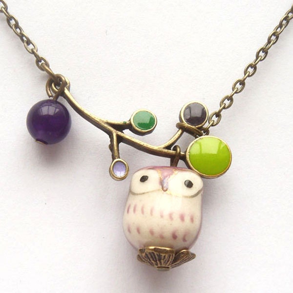 Antiqued Brass Leaf  Jade Porcelain Owl Necklace