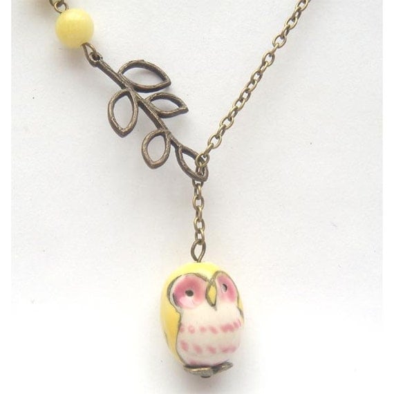 Antiqued Brass Leaf Butter Jade Porcelain Owl Necklace