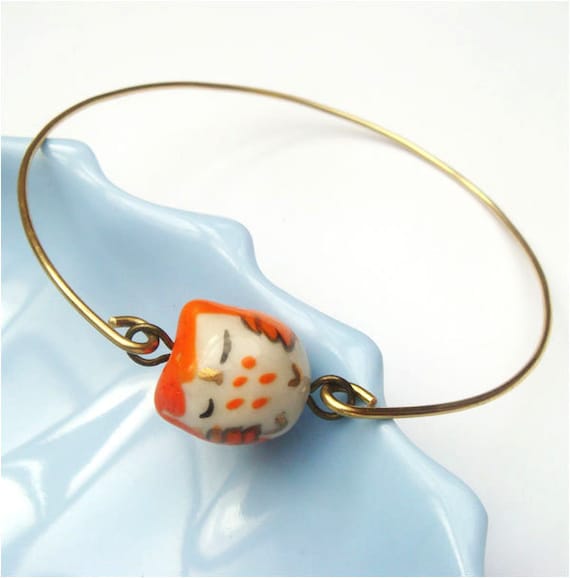 Brass Orange Porcelain Owl  Bracelet