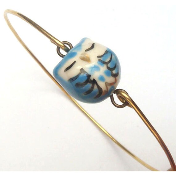 Brass Blue Porcelain Owl  Bracelet
