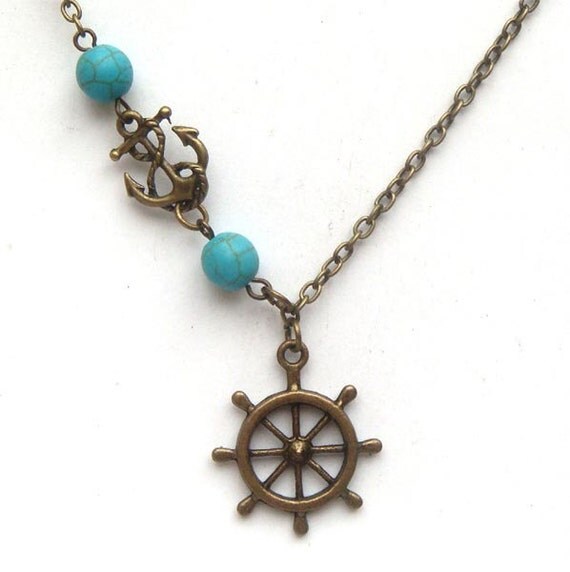 Antiqued Brass Helm Anchor  Turquoise Necklace
