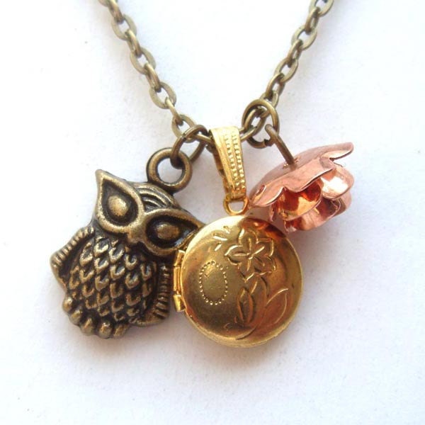 Antiqued Brass Owl Locket Flower Necklace