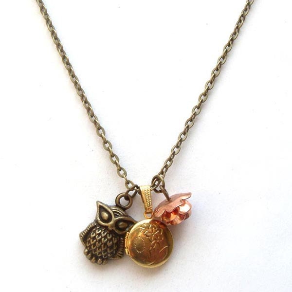 Antiqued Brass Owl Locket Flower Necklace