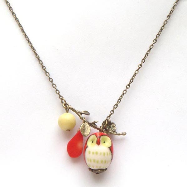 Antiqued Brass Leaf  Coral Butter Jade Porcelain Owl Necklace
