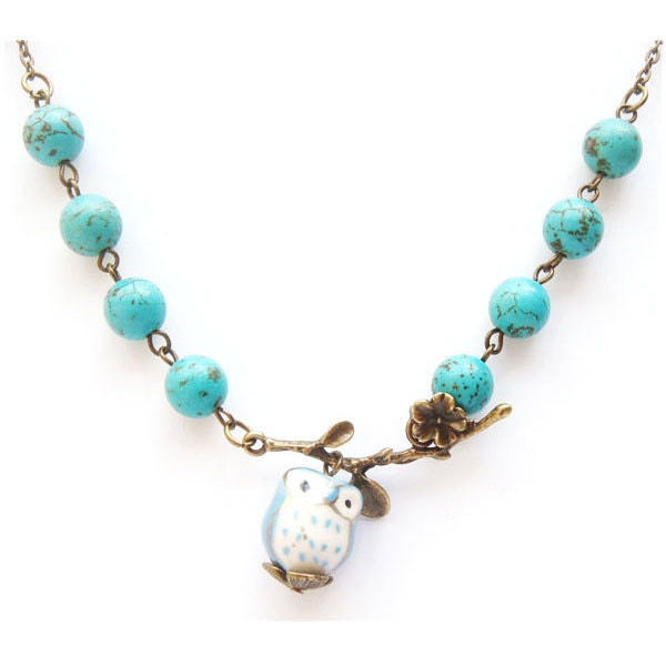 Antiqued Brass Leaf  Turquoise  Porcelain Owl Necklace