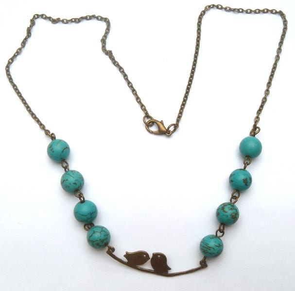 Antiqued Brass Bird Green Turquoise Necklace