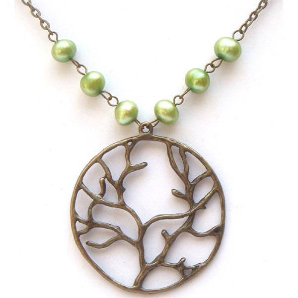 Antiqued Brass Tree Green Pearl Necklace