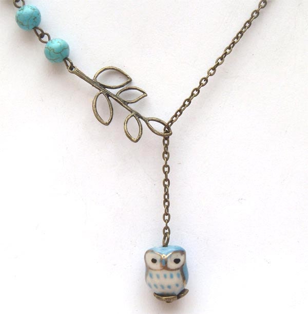 Fancy Antiqued Brass Leaf Turquoise Porcelain Owl Necklace
