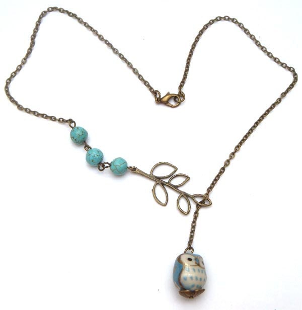 Fancy Antiqued Brass Leaf Turquoise Porcelain Owl Necklace