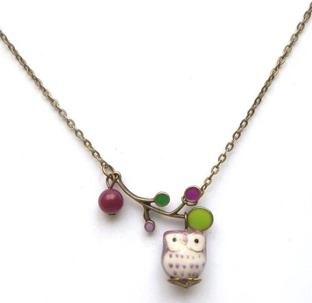 Original  Antiqued Brass Leaf Jade Porcelain Owl Necklace