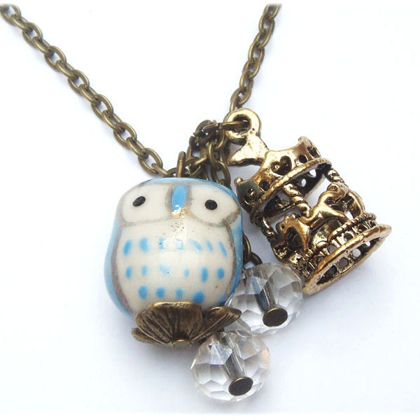 Antiqued Brass Carrousel Clear Quartz  Porcelain Owl Necklace