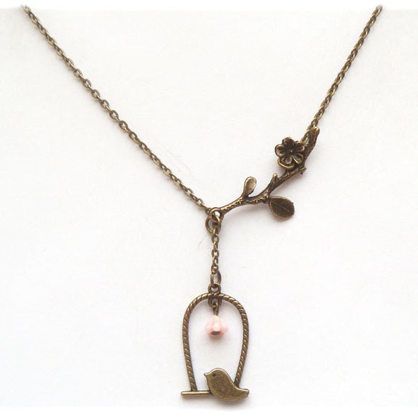 Antiqued Brass Branch  Bird Necklace