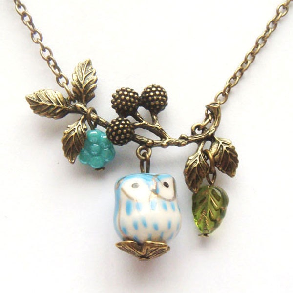Antiqued Brass Branch Flower Porcelain Owl Necklace