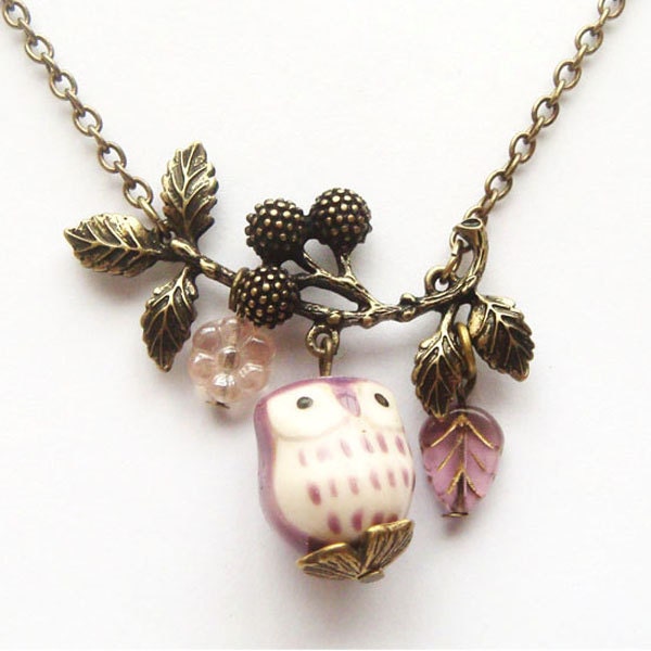 Antiqued Brass Branch Flower Porcelain Owl Necklace