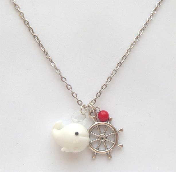 Silver Plated Brass Helm  Red Coral Porcelain Whale  Necklace