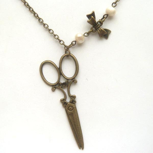 Antiqued Brass Scissors Bowtie Pearl Necklace