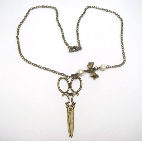 Antiqued Brass Scissors Bowtie Pearl Necklace