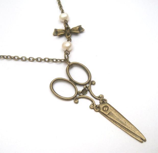 Antiqued Brass Scissors Bowtie Pearl Necklace