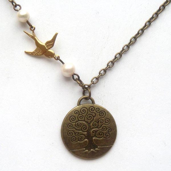 Antiqued Brass Tree  Bird Pearl Necklace