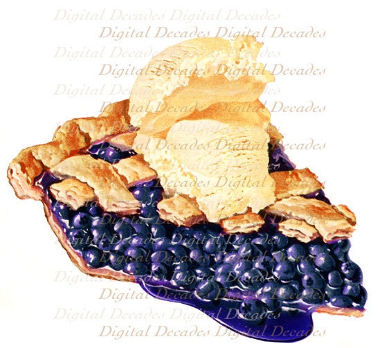 Blueberry Pie A la Mode Ice Cream Desert Fruit - Digital Image - 1950s Vintage Art Illustration - DigitaIDecades
