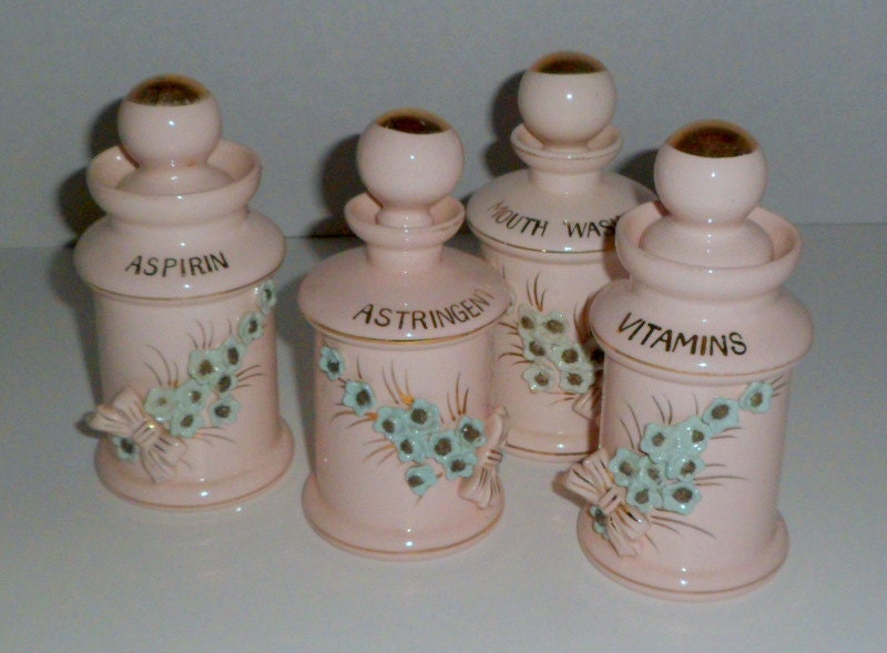 Moving Sale Reduced.  Vintage Pink Blue Vanity Dresser Jars Thames Japan 8 Piece