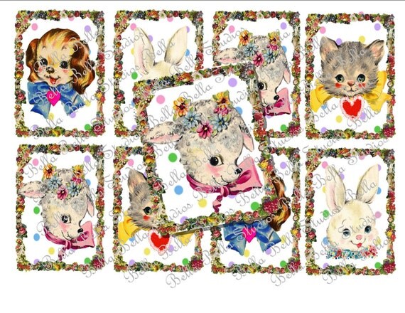 VINTAGE Baby ANIMALS Floral Framed Instant Download PRINTABLE Collage Sheet - Bella Bella Studios Il_570xn