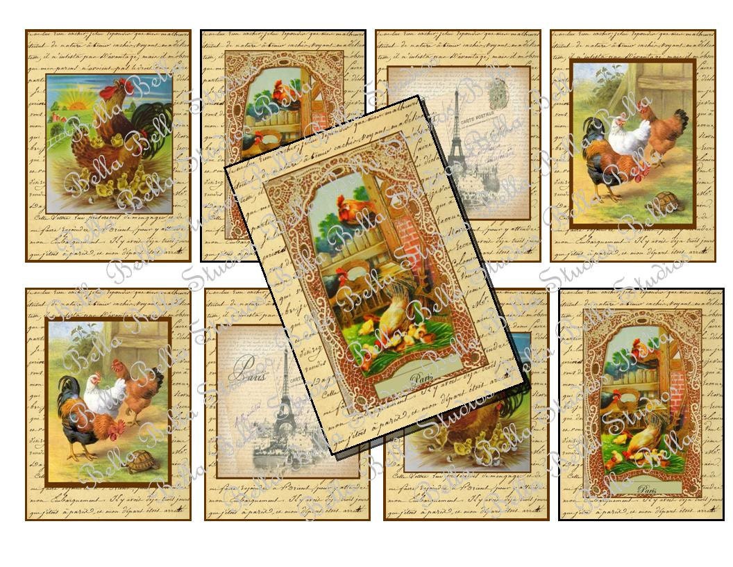 Vintage ROOSTER with Eiffel Tower PRINTABLE Collage Sheet Hang Tags Scrapbook Cards Paper Supplies Il_570xn