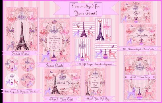 Paris Poodle and Eiffel Tower Party Collection CUSTOM PRINTABLE COLLECTION - Pink and Purple party - Bella Bella Studios Il_570xn