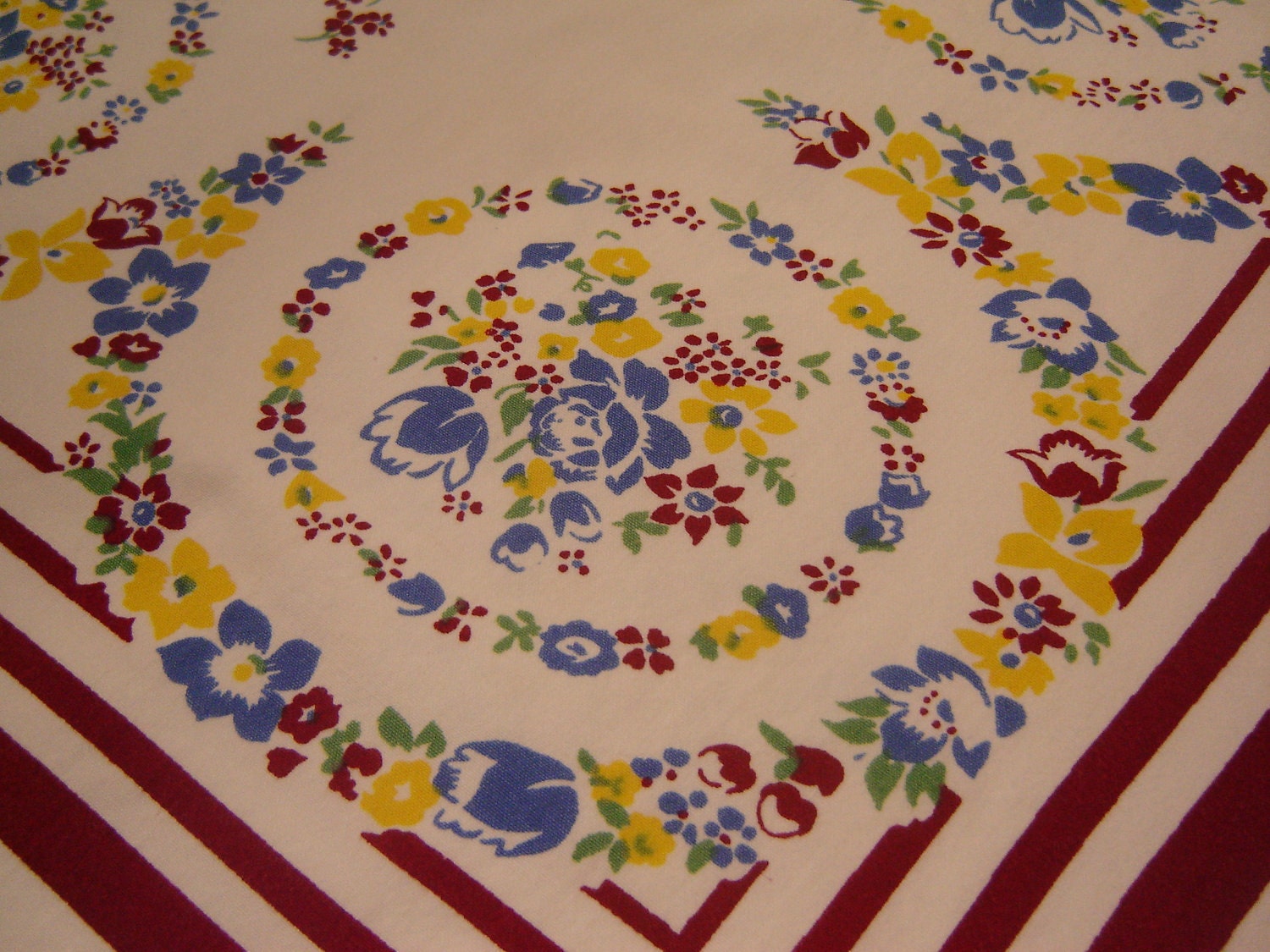 Vintage blue, yellow, cranberry, white 1950s tablecloth, 47 x 54, shabby chic, retro, country, cottage, shabby chic, ready to ship, REDUCED