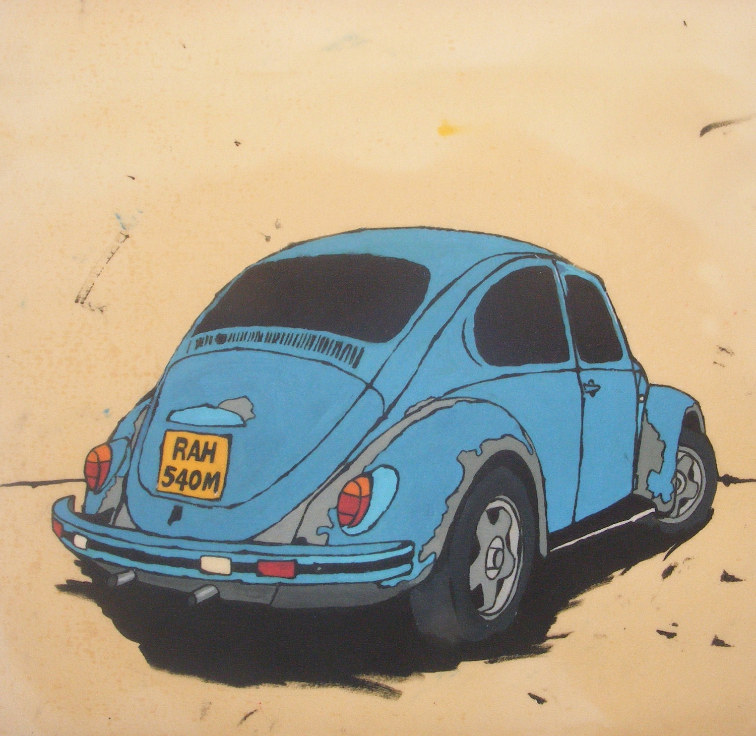 FIRST EDITION 9 x 9 inch Giclee Print 1974 Old Blue VW Beetle