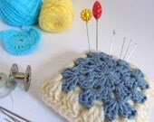 square on square. sea blue on white. square crochet pincushion