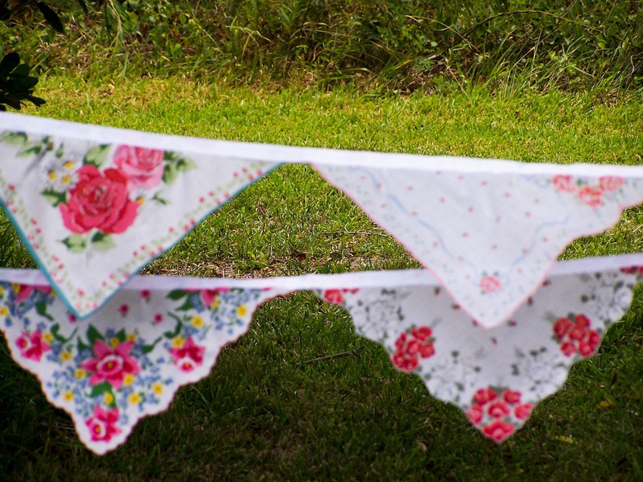 Vintage Hankies Bunting Banner Pink Floral Hanky Garland 12 Feet Long