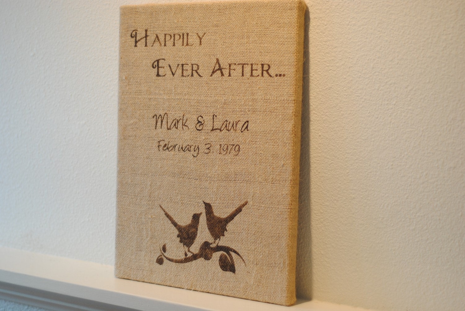 Burlap wall decor - lovebirds, Happily Ever After and personalized with names and wedding date - 12X16