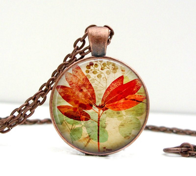 Vintage Inspired Leaf Necklace Red Orange Leaf Glass Art Pendant Picture Pendant Photo Pendant - Lizabettas
