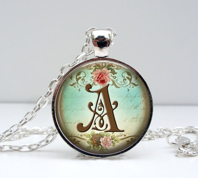 Vintage Initial Necklace Glass Art Pendant Picture Pendant Photo Pendant Hancrafted Jewelry by Lizabettas