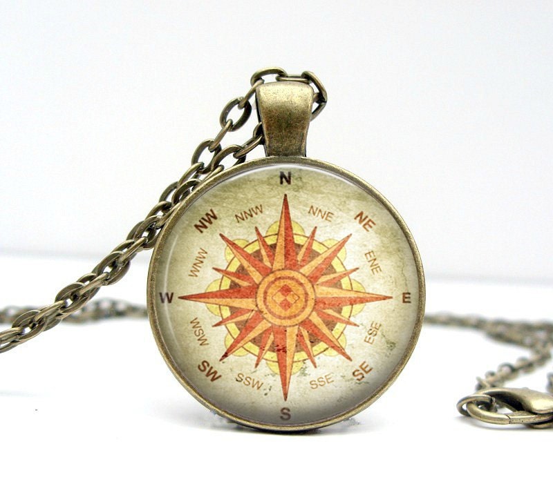 Compass Pendant Necklace Glass Art Pendant Picture Pendant Photo Pendant Handcrafted Jewelry by Lizabettas