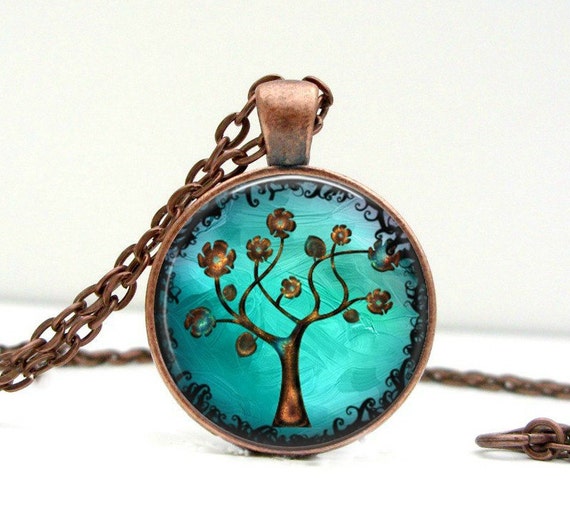 Copper Tree Necklace Glass Picture Pendant Photo Pendant