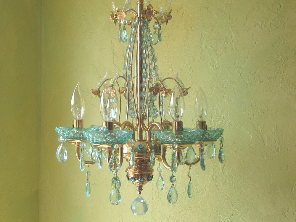 RESERVED for Quinn - Chandelier Lighting, Italian Brass and Aqua Crystal