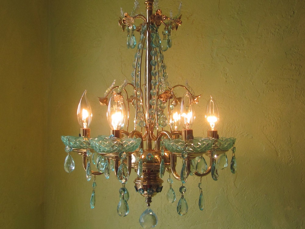 RESERVED for Quinn - Chandelier Lighting, Italian Brass and Aqua Crystal