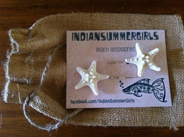 Tiny Natural White Knobby Starfish on craft bobby pins - set of two - by IndianSummerGirls