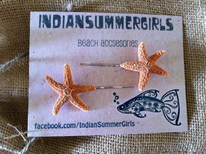 Two Small Natural Sugar Starfish on craft bobby pins by IndianSummerGirls
