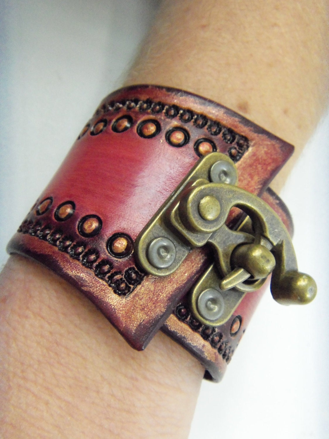 Flamingo Pink Steampunk Tooled Leather Wrist Cuff with Antiqued Brass Clasp