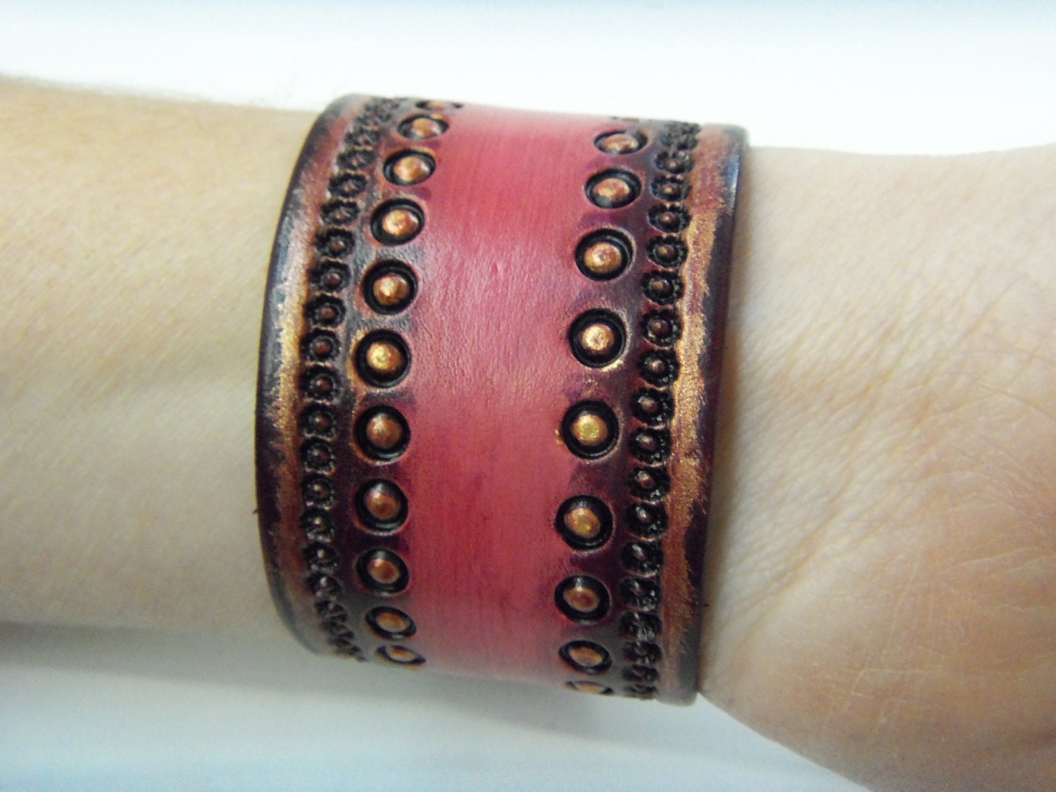 Flamingo Pink Steampunk Tooled Leather Wrist Cuff with Antiqued Brass Clasp