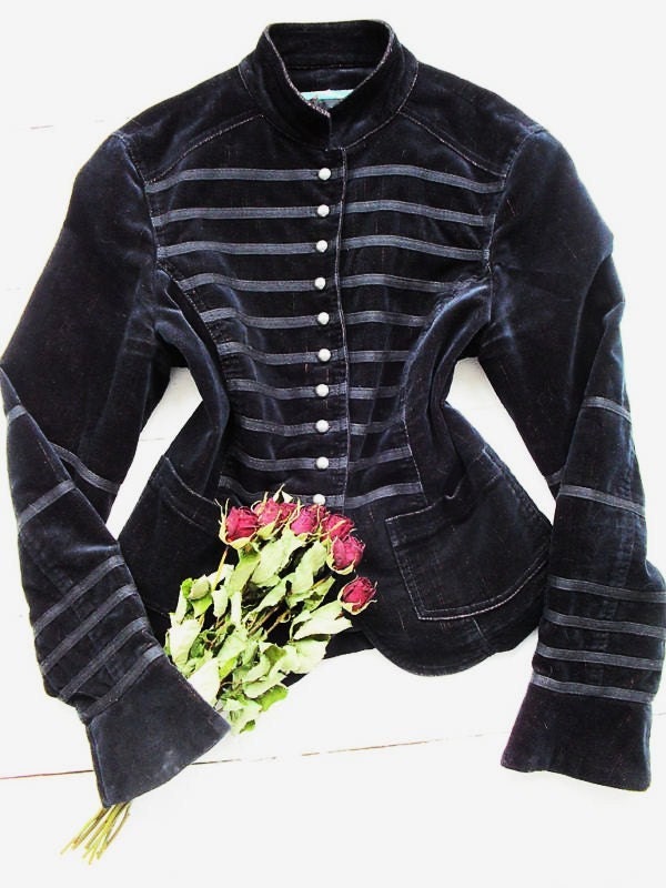 Vintage velvet Gothic Military jacket Steampunk Victoriana Burlesque black jacket coat M 12 14